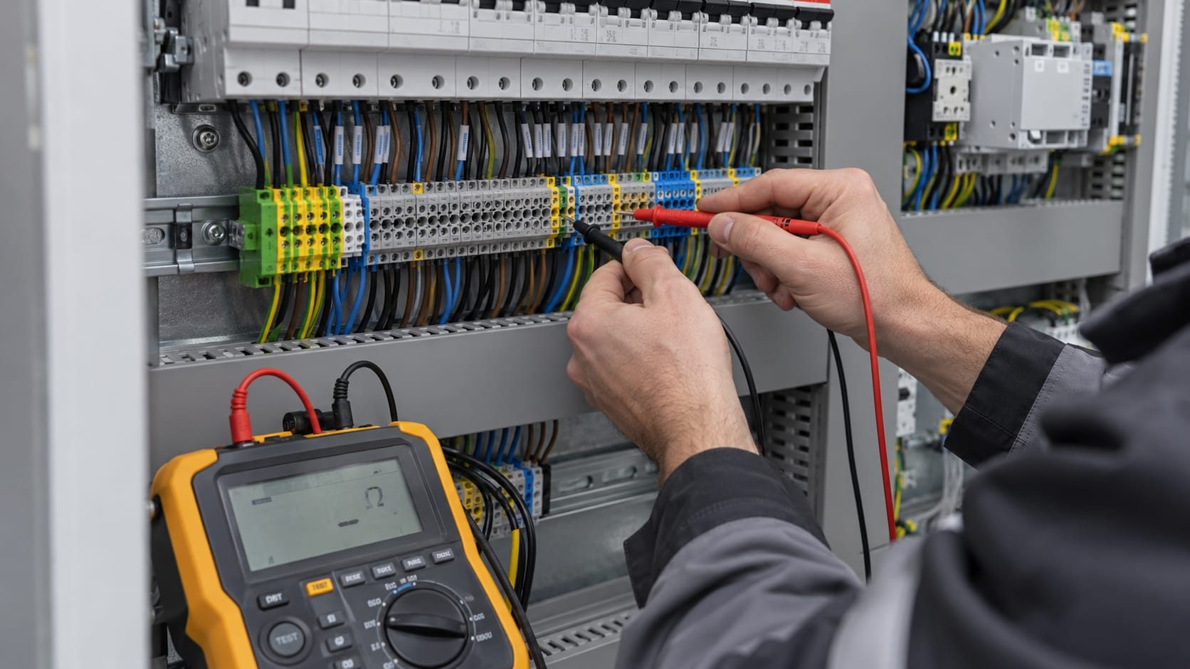 Elektricien meet signalen op de klemmenstroken van een besturingskast