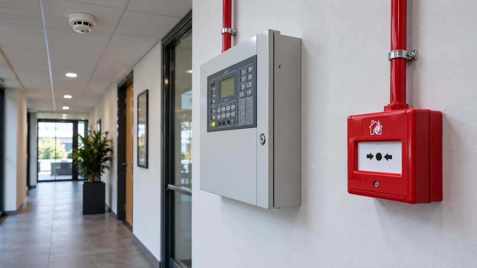 Brandmeldcentrale en handmelder in een gang