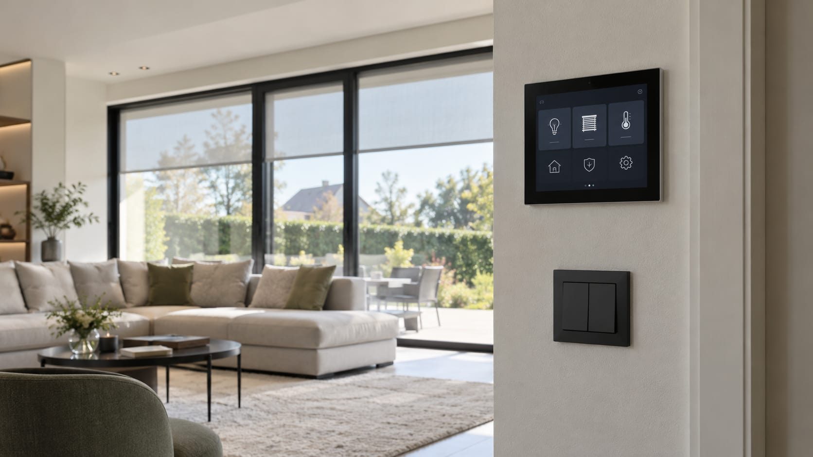 Moderne woonkamer met een touchscreen voor de domotica