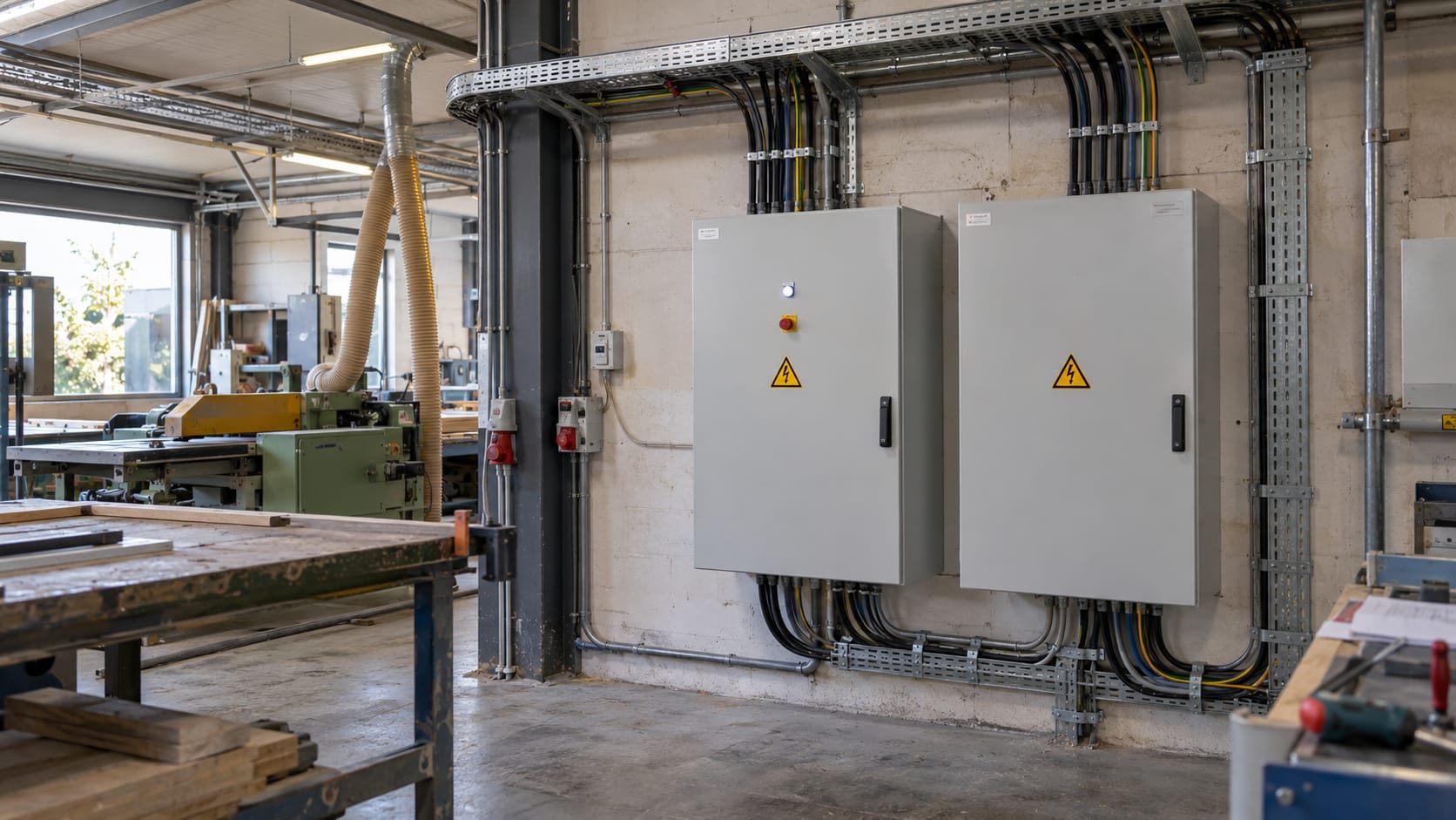 Werkplaats met elektrische verdeelkasten en kabelgoten