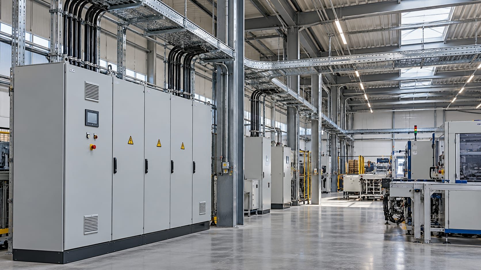 Productiehal met een rij elektrische verdeel- en besturingskasten