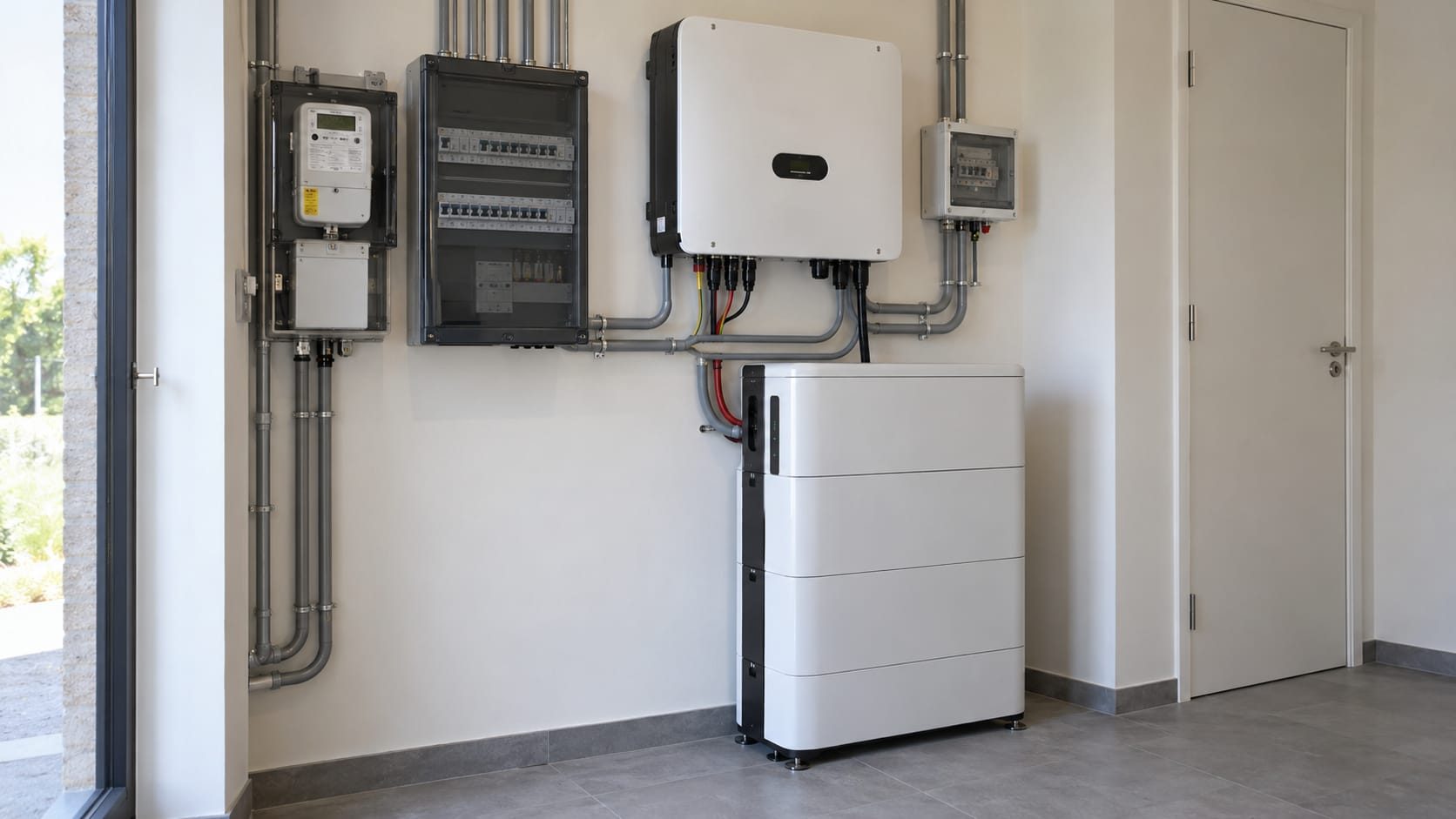 Technische ruimte in een woning met meterkast, verdeelbord, omvormer en thuisbatterij