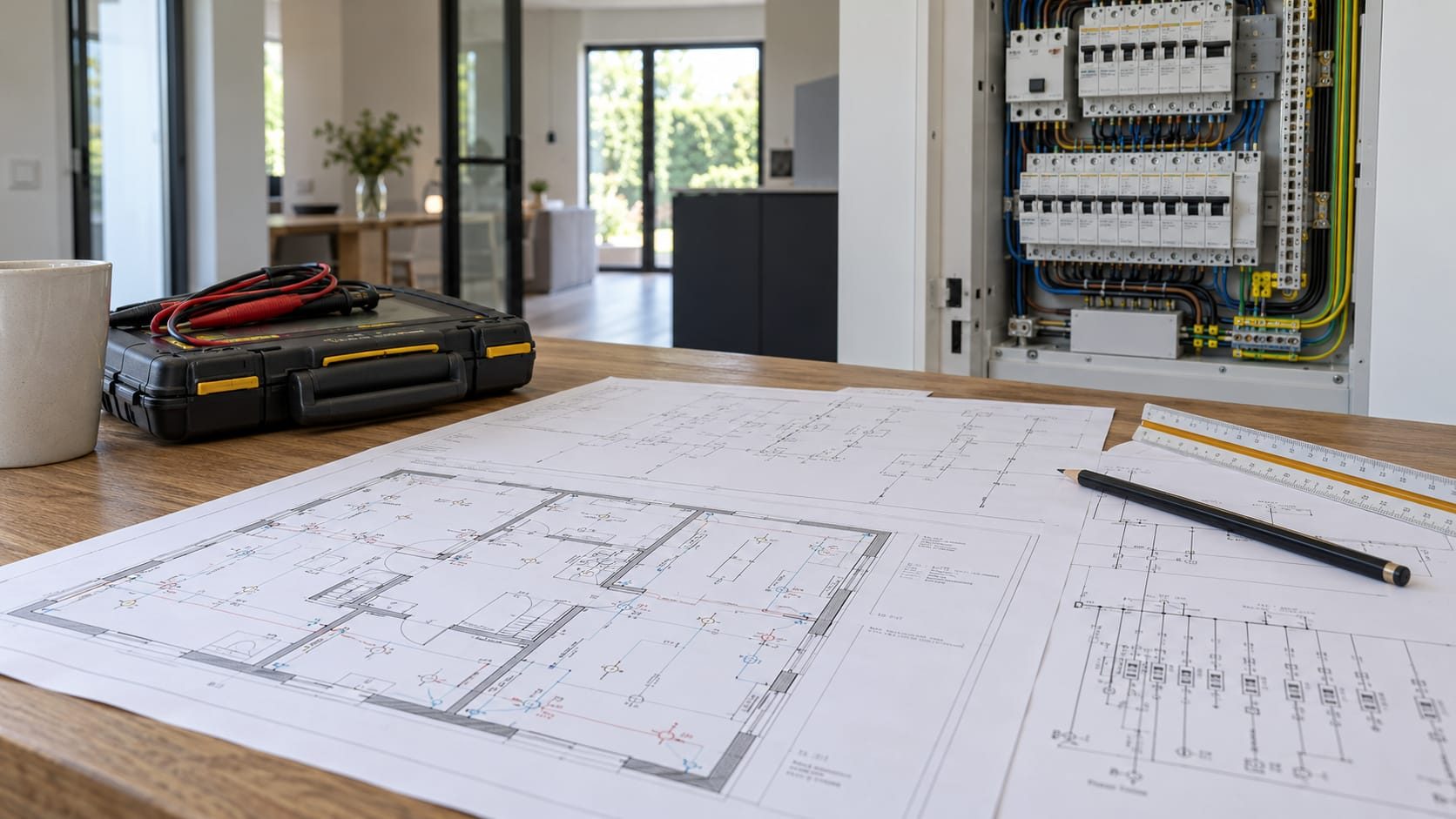 Bouwplannen, meetgereedschap en een nieuw verdeelbord tijdens een renovatie