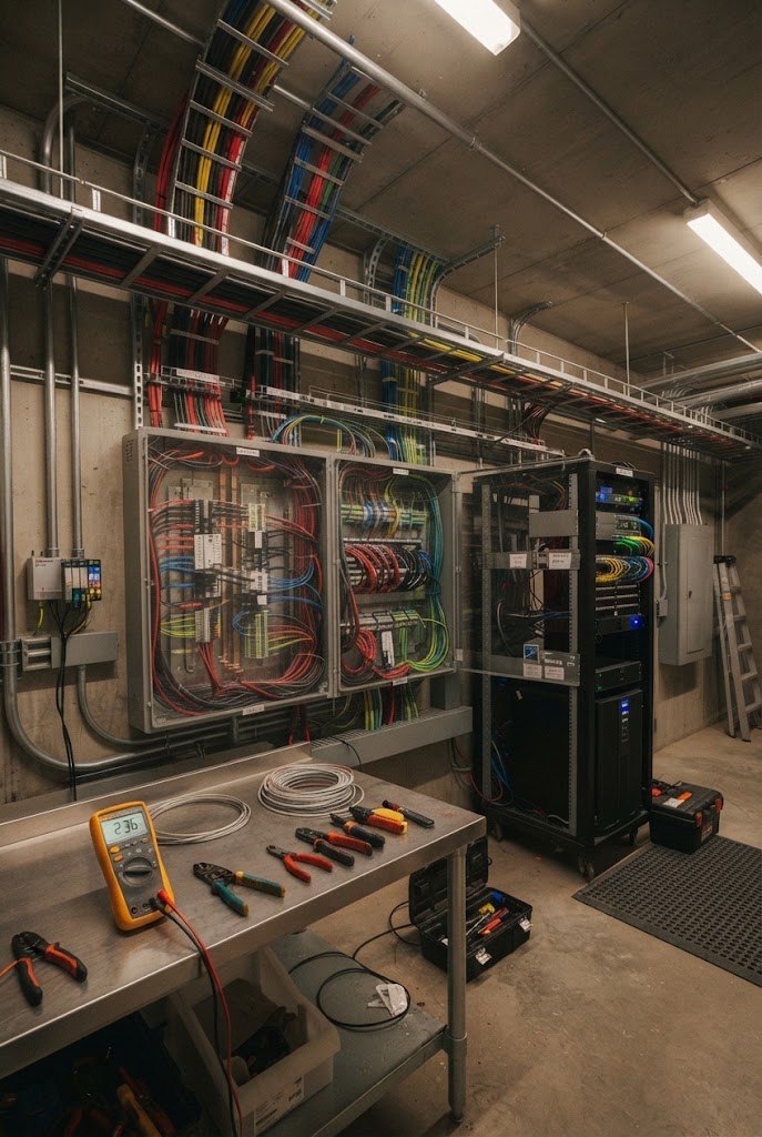 Technische ruimte met verdeelkasten, kabelladders, een netwerkkast en gereedschap
